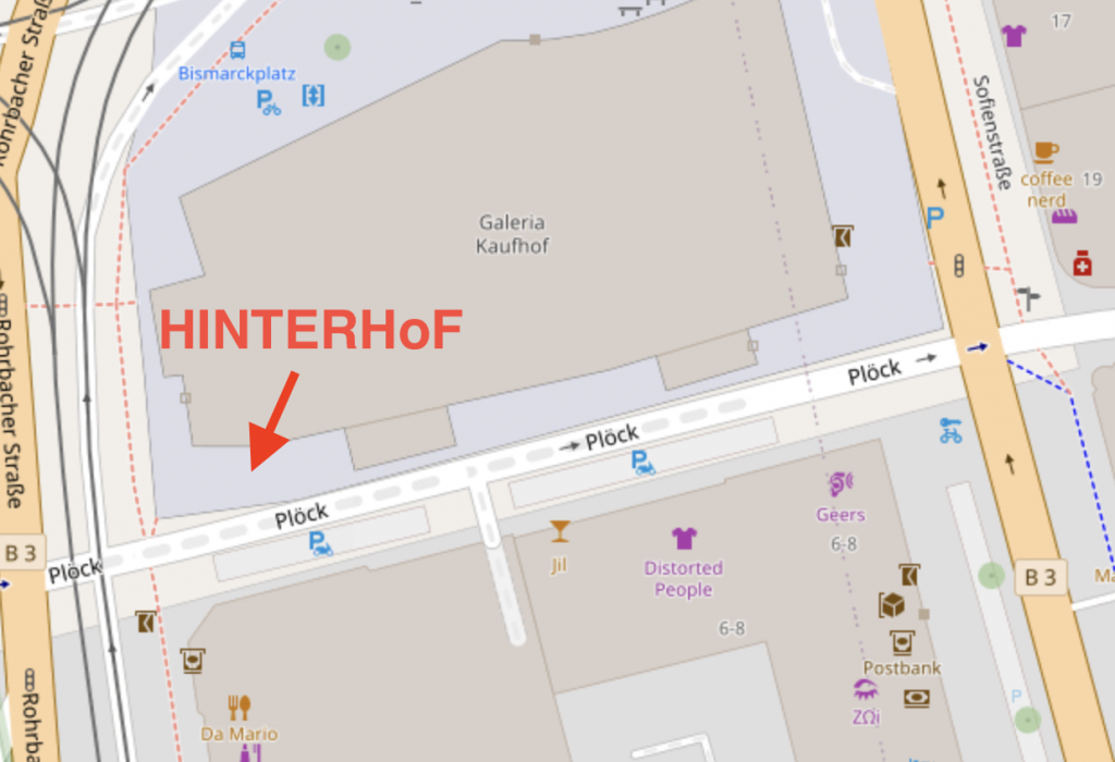 HINTERHoF location on a map -- south side of the old Galeria Kaufhof building at the Bismarckplatz